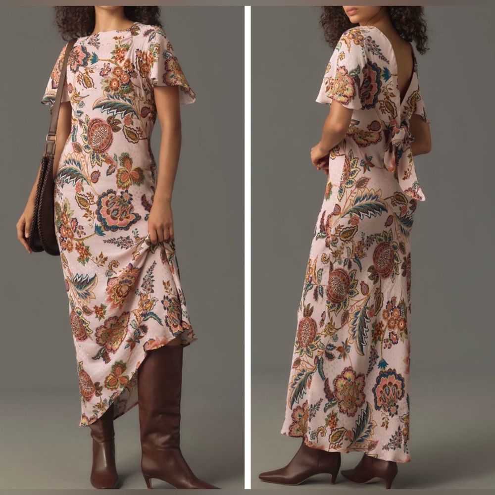 Anthropologie Kachel Flutter-Sleeve Floral Slip Maxi Dress, Size 12P